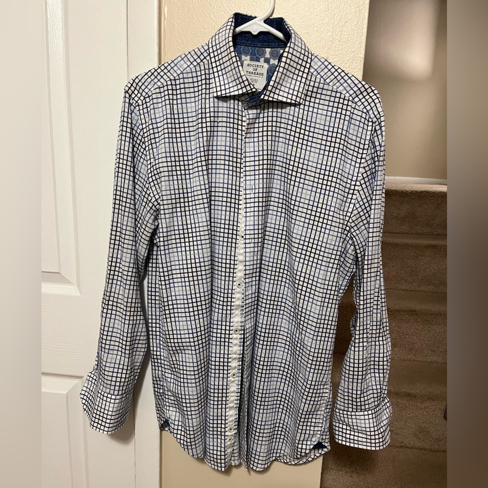 Society of Threads long sleeve button down shirt.Blue and black checkered medium